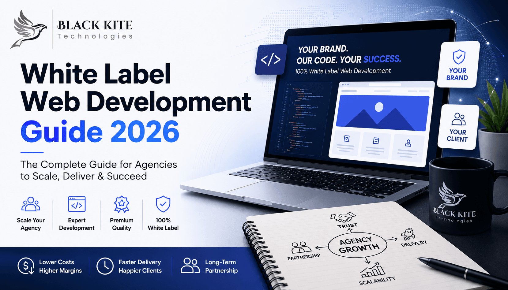 White Label Web Development Guide 2026 hero banner showing agency partnership, dedicated web development team, scalable outsourcing, and Black Kite Technologies branding.